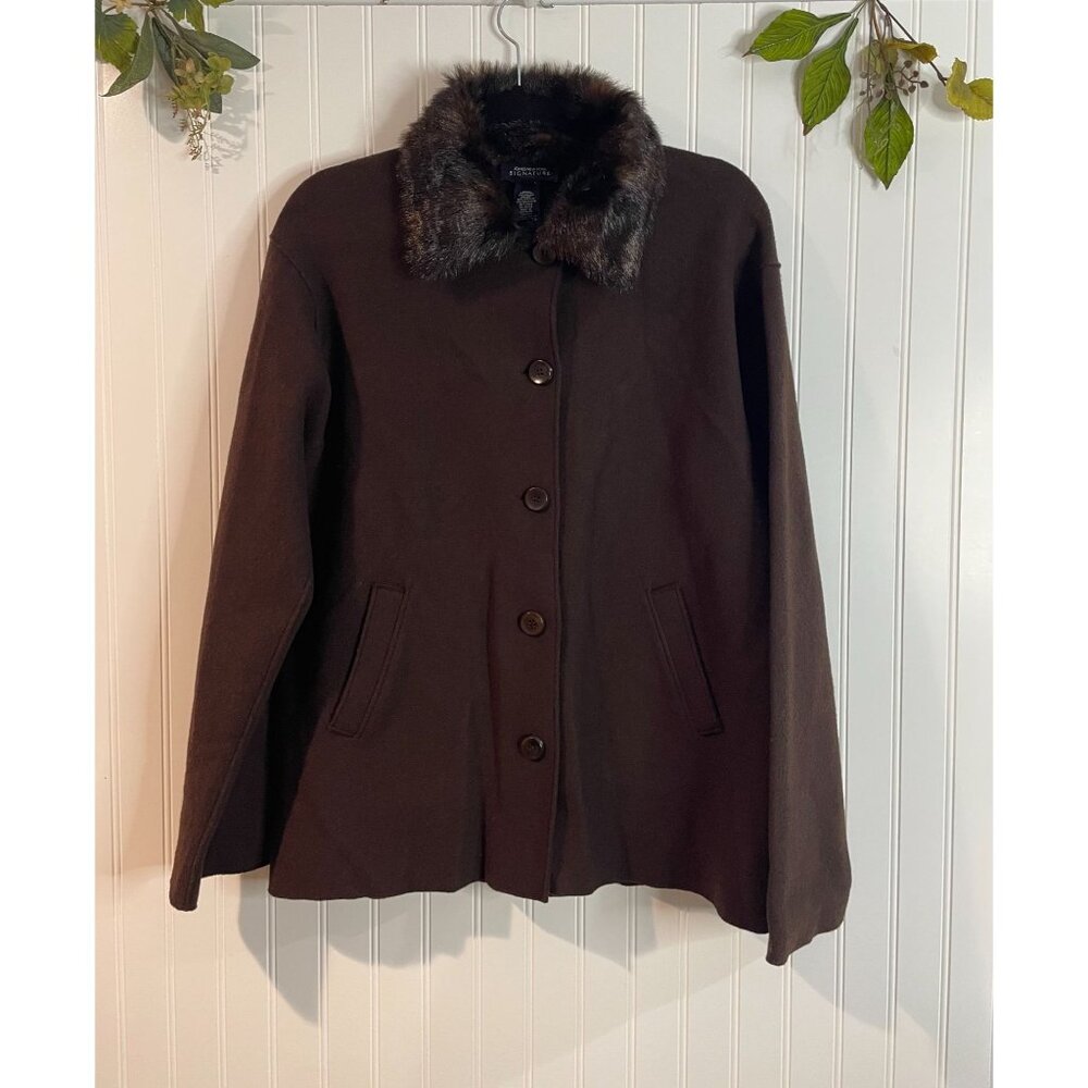 Jones New York Signature Brown Wool Blend Coat With Faux Fur Collar P/M